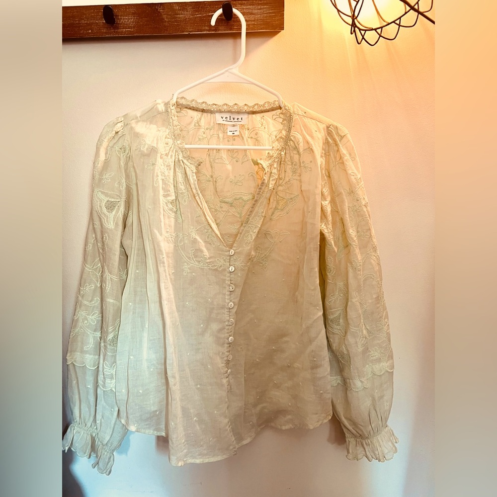 Delicate light mint green Blouse by Velvet . Good used condition/Victorian dream